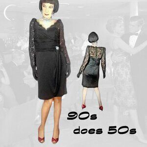 Black Lace Sheath, Long Sleeve Dress, 50s Style with Rhinestone Brooch - 90s